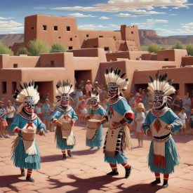 Mythlok - Zuni_ A cultural scene inspired by Zuni mythology: ceremonial dancers wearing kachina masks performing in a pueblo plaza surrounded by adobe structures