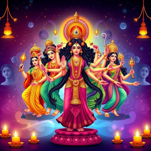 The Navratri Goddess Guide: Nine Days, Nine Colors, and Nine Forms a vibrant illustration of the nine avatars of Goddess Durga (Navadurga), each with her unique attributes set against a festive Navratri background with lamps and cosmic energy