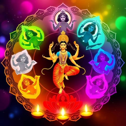 Why Do Navratri Colours Change? Fixed and Rotating Traditions Explained a festive Navratri-themed artwork showing the nine colours of Navratri — yellow, green, grey, orange, white, red, royal blue, pink, and purple — each represented by a divine aura