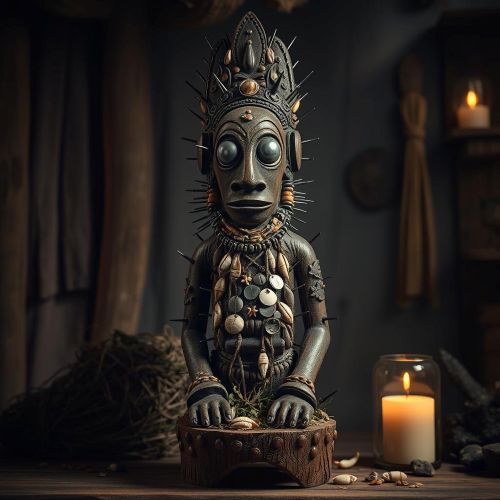 image of a traditional Kongo nkisi nkondi statue, carved from wood with nails and blades driven into its body