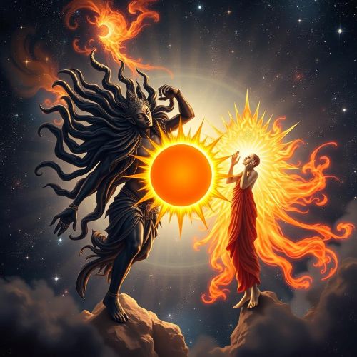 Mythological cosmic artwork featuring Rahu and Ketu, the shadow planets of Hindu astrology, as two distinct yet connected celestial beings.