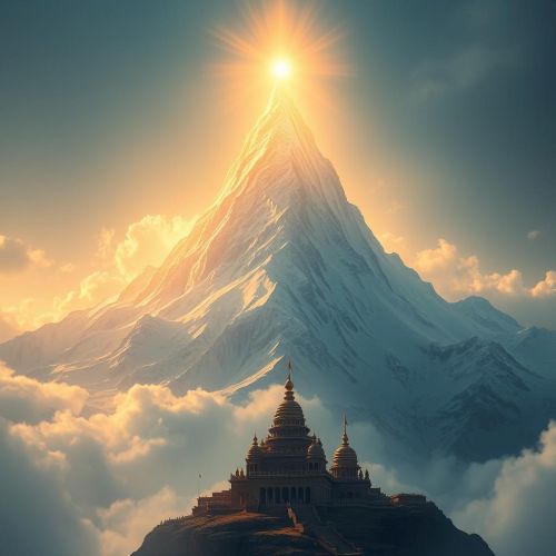 A sacred peak in the background of an ancient temple