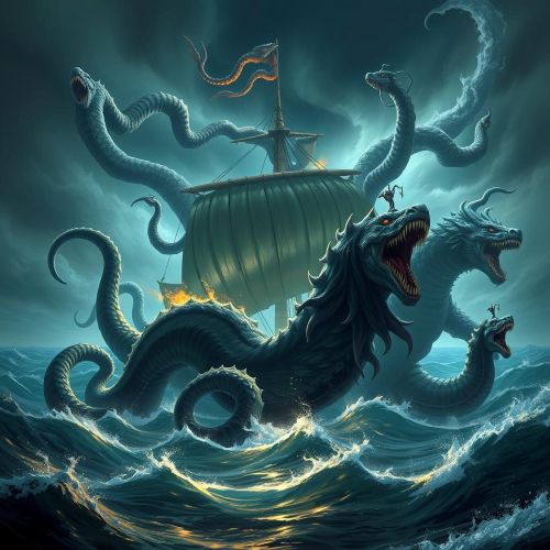 An epic digital painting of legendary sea monsters from mythology