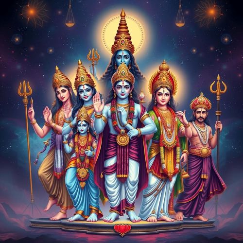a majestic digital illustration of the top 10 Hindu gods together