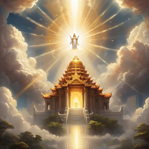 A divine scene depicting “Boons & Blessings” — a radiant celestial deity extending hands of light toward humble devotees below.