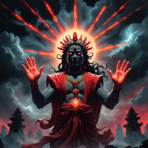 A divine scene depicting Curses & Condemnation — a spiteful celestial deity extending hands of darkness.