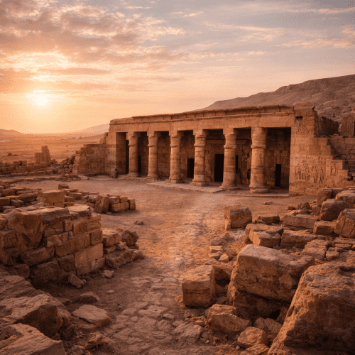 Ancient Egyptian Temple of Seti I at Abydos under golden desert sunlight