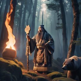 Mythlok - Ainu_ A mystical scene inspired by Ainu Mythology depicting an ancient Ainu shaman performing a ritual in a forest