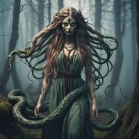 Mythlok - Ajatar an image of Ajatar from Finnish mythology: a female forest spirit with long plaited hair, serpentine lower body, hypnotic eyes, and surrounded by misty woods and snakes.