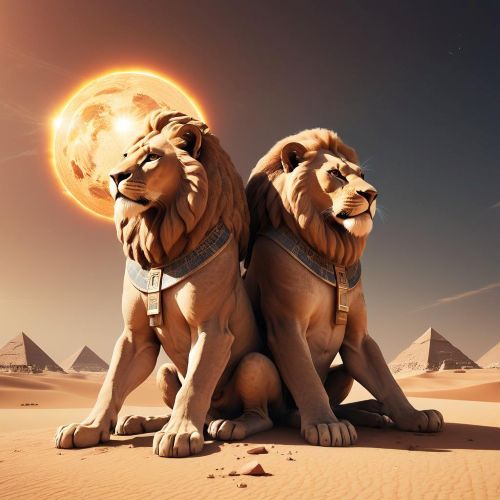 an image of Aker from Egyptian mythology as two lions seated back-to-back on a desert horizon