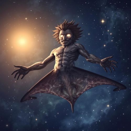 Aluluei from Ifaluk mythology: a two-faced male spirit with a human upper body and stingray lower half