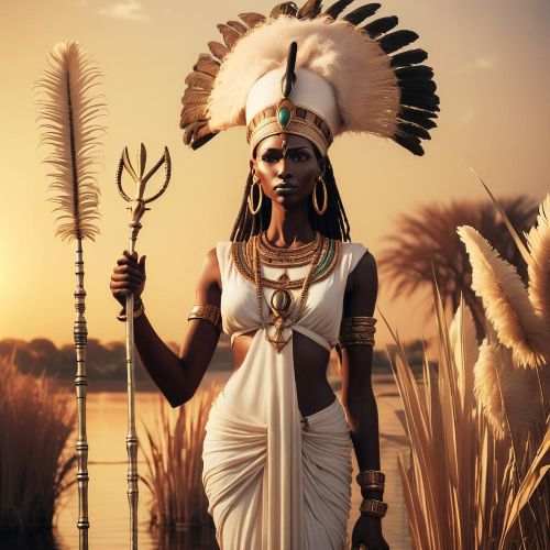 Anuket : Goddess of the Nile Cataracts Anuket, a regal Nubian goddess standing beside the Nile, wearing a tall ostrich feather headdress and holding an ankh and scepter