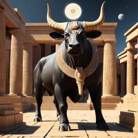 Mythlok - Apis image of Apis from Egyptian Mythology, majestic black bull standing in a temple courtyard of ancient Memphis.