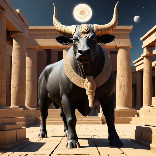 image of Apis from Egyptian Mythology, majestic black bull standing in a temple courtyard of ancient Memphis.