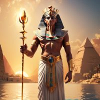 Mythlok - Atum Atum, the Egyptian creator god, standing in regal pose with the Double Crown, holding a was-scepter
