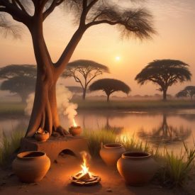 Mythlok - Banda_ A tranquil Central African savanna at sunrise, symbolizing Banda mythology.