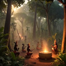 Mythlok - Beti-Pahuin_ A lush Central African forest scene at sunrise, representing Beti-Pahuin mythology.