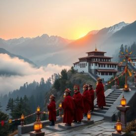 Mythlok - Bhutanese_ A serene Himalayan valley at sunrise representing Bhutanese mythology.