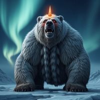 Bjarndyrakongur, the Icelandic Bear King as colossal polar bear with glowing horn on its forehead