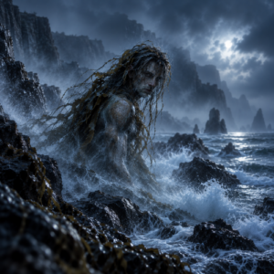 Bucca, the mysterious sea spirit of Cornish folklore, emerges from cold blue-grey waves with tangled seaweed hair