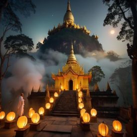 Mythlok - Burmese_ A captivating scene inspired by Burmese Mythology showing an ancient temple at the base of Mount Popa surrounded by mist and glowing spirit orbs.