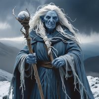 Cailleach Bheur, a towering blue-skinned crone with white tangled hair, wrapped in a frost-covered cloak
