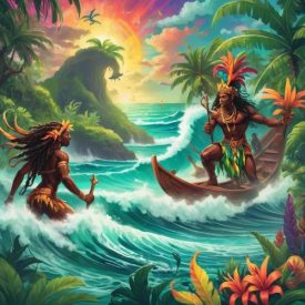 Mythlok - Caribbean_ Create a vibrant digital illustration representing Caribbean mythology surrounded by lush Caribbean flora, ocean waves, and ancestral spirits
