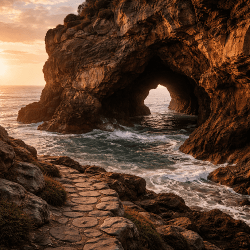 a dramatic coastal image of Caves of Hercules