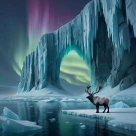 Mythlok - Chukchi_ an ethereal Arctic coastal landscape inspired by Chukchi Mythology — showing icy cliffs, a frozen sea under shimmering northern lights,