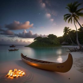 Mythlok - Chuukese_ A serene tropical lagoon at dusk representing Chuukese mythology.