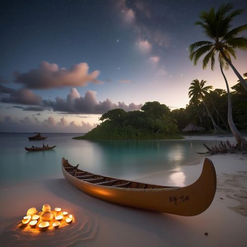 Mythlok - Chuukese_ A serene tropical lagoon at dusk representing Chuukese mythology.