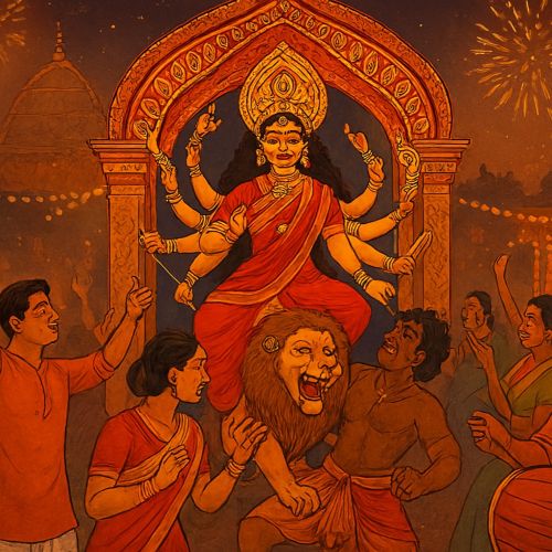 Durga Puja : Celebration of the Divine Feminine a vibrant depiction of Durga Puja celebrations in full swing.