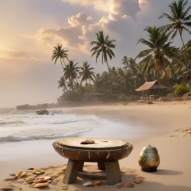 Mythlok - Ga Adangbe_ A tranquil coastal landscape at sunrise inspired by Ga-Adangbe mythology