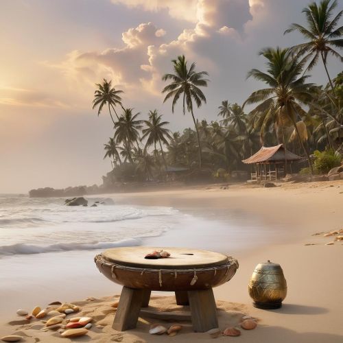 Mythlok - Ga Adangbe_ A tranquil coastal landscape at sunrise inspired by Ga-Adangbe mythology