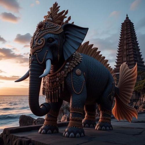 Gaja Minah, a majestic hybrid creature with the head of an elephant and the body of a fish