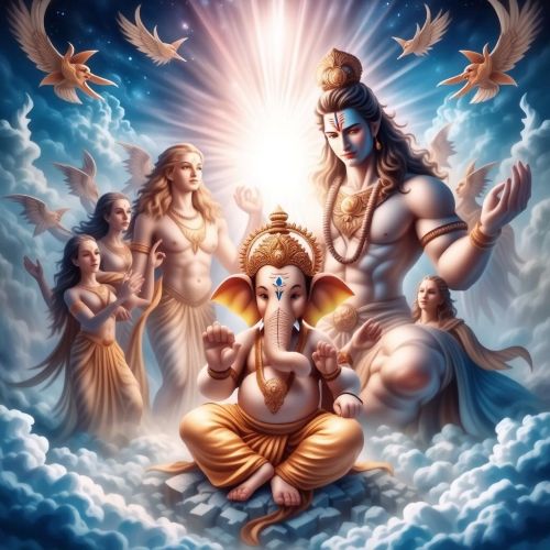 Lord Shiva blessing young Ganesha with divine light, surrounded by celestial beings, symbolizing the granting of First Worship.