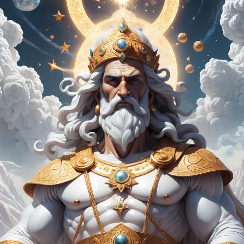 Ghmerti, the supreme deity of Georgian mythology, as a radiant celestial figure in a white sky realm