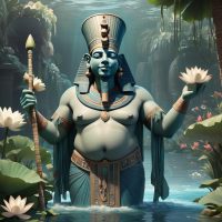 Mythlok - Hapi a serene image of Hapi, the Egyptian god of the Nile, depicted as an androgynous figure with blue-green skin, large belly
