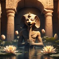Harsomtus, the Egyptian child god, as a radiant serpent emerging from a blooming lotus flower atop primordial waters