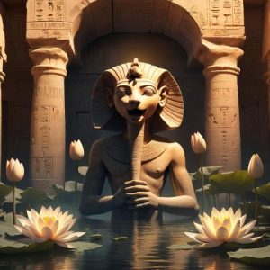 Harsomtus, the Egyptian child god, as a radiant serpent emerging from a blooming lotus flower atop primordial waters