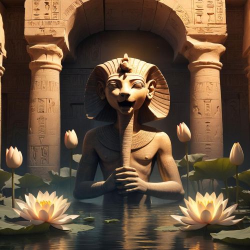 Harsomtus : The Child God Harsomtus, the Egyptian child god, as a radiant serpent emerging from a blooming lotus flower atop primordial waters