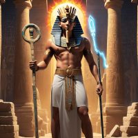 Heka, the Egyptian god of magic, depicted as a regal male figure wearing a Hemhem crown