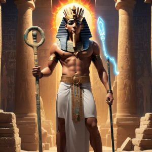 Heka, the Egyptian god of magic, depicted as a regal male figure wearing a Hemhem crown