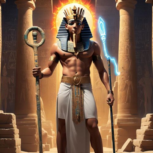 Heka, the Egyptian god of magic, depicted as a regal male figure wearing a Hemhem crown
