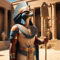 Hemen, a regal falcon-headed Egyptian deity standing in a sunlit temple courtyard