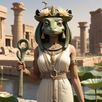 Mythlok - Heqet Heqet, the Egyptian goddess with a frog head, wearing a linen dress and holding an ankh