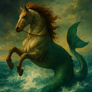 a majestic hippocampus emerging from ocean waves—its front half a muscular horse with a flowing mane, and its rear half a shimmering fish tail.