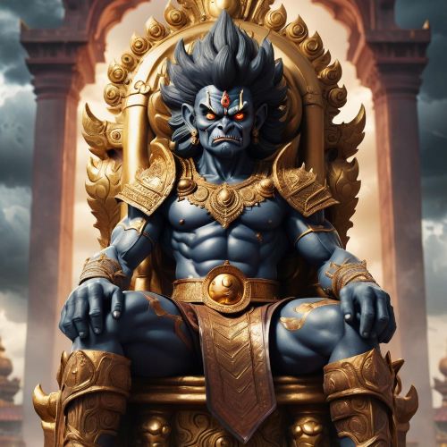 image of the Indian Asura Kingg, Hiranyakashipu seated on a golden throne, wearing regal Asura armor