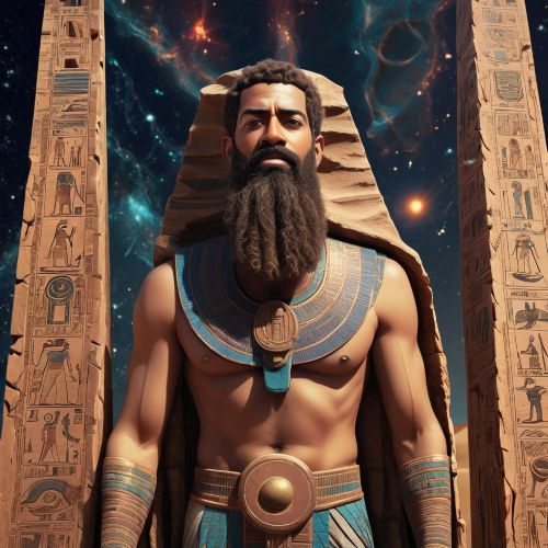Hu : God of Creative Word an image of Hu from Egyptian mythology depicted as a bearded man, standing aboard the solar bark of Ra