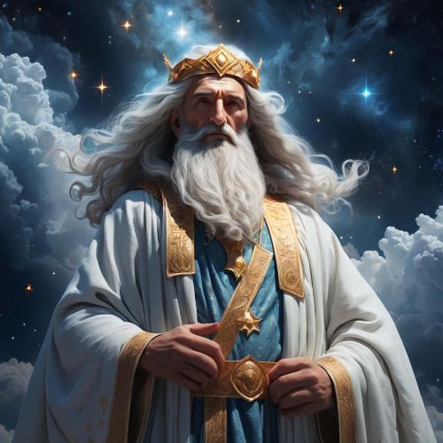 majestic image of Huycau, the Ossetian sky god, as a radiant elder cloaked in celestial robes